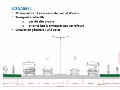 Un premier scénario avec quatre voies générales et des bandes cyclistes