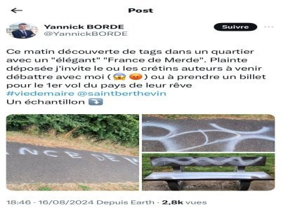 Le maire, Yannick Borde, s'est indigné de ces tags sur son compte X. - Yannick Borde