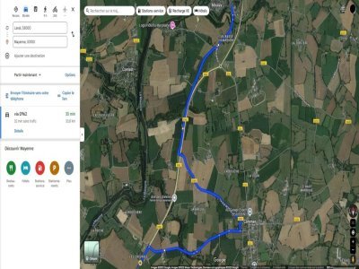 Itinéraire éventuel pour éviter déviation vers Ernée pendant les travaux sur la RD962 entre Mayenne et Moulay. - Capture d'écran Google Maps