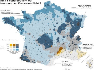 Carte de l'indice de pluviométrie en France. - IGN