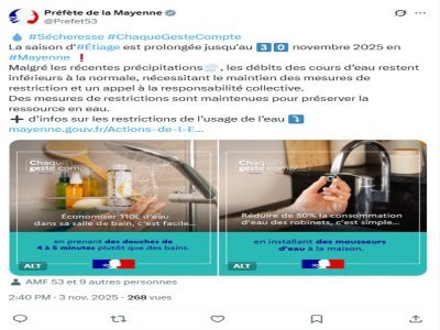La préfecture appelle à la responsabilité collective pour la gestion de l'eau potable dans le département. - Compte X Préfète de la Mayenne