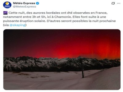 Aurores boréales à Chamonix. - Compte X de Météo Express