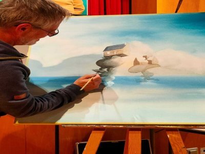 3 - L'invit&eacute; d'honneur, Nicolas Pizy, a conclu l'exposition par une d&eacute;monstration autour de sa passion, l'aquarelle&nbsp;sur ch&acirc;ssis en coton ou acrylique, support normalement incompatible avec la technique. - CDLM