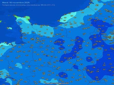 Carte des températures dans le nord-ouest mardi 18 novembre à 8h. - Météociel